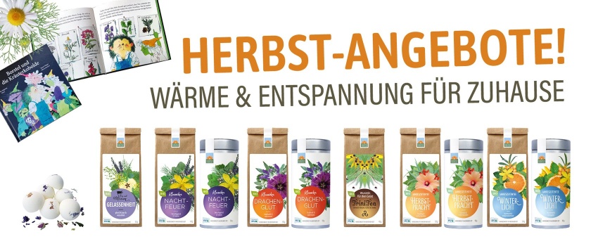Herbstangebote vom Kräutergarten Pommerland – abgebildet sind Bio-Kräutertees wie Drachenglut, Nachtfeuer, Herbstpracht und Winterlicht, Badekugeln und das Kinderbuch „Borstel und die Kräuterkobolde“.