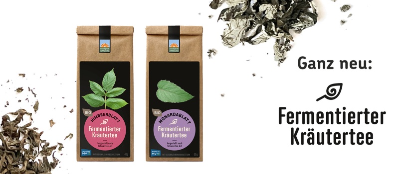 Fermentierte Kräutertees von Kräutergarten Pommerland – zwei Bio-Kräutertees nach Schwarztee-Art Himbeerblatt und Monardablatt in 40 g bzw. 50 g Papiertüten. Handgemacht in Mecklenburg-Vorpommern.