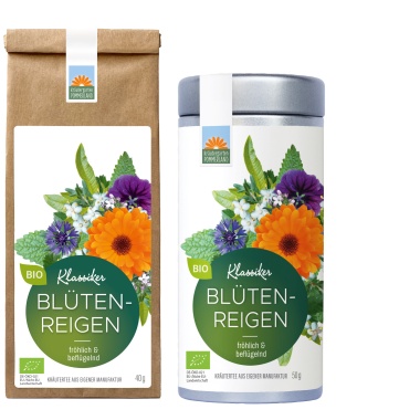 Blütenreigen Bio-Kräutertee vom Kräutergarten Pommerland – handgemacht in Mecklenburg-Vorpommern. Abgebildet als 40 g Papiertüte und 50 g Teedose mit farbenfrohen Blüten und Kräutern auf dem Etikett.