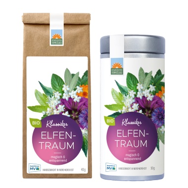 Elfentraum Bio-Kräutertee – magisch & entspannend, frisch-minzig im Geschmack. Erhältlich als Papiertüte oder Teedose. Handgemacht von Kräutergarten Pommerland.