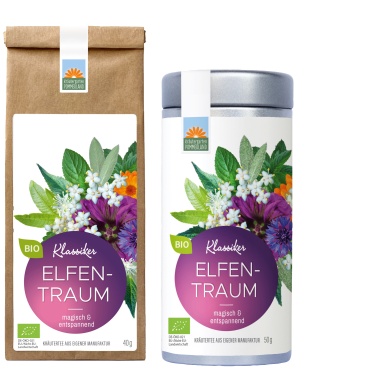 Elfentraum Bio-Kräutertee – magisch & entspannend, frisch-minzig im Geschmack. Erhältlich als Papiertüte oder Teedose. Handgemacht von Kräutergarten Pommerland.