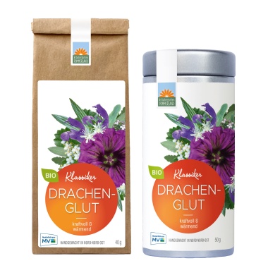 Drachenglut Bio-Kräutertee vom Kräutergarten Pommerland – abgebildet als 40 g Papiertüte und 50 g Teedose. Kraftvoll & wärmend, handgemacht in Mecklenburg-Vorpommern.