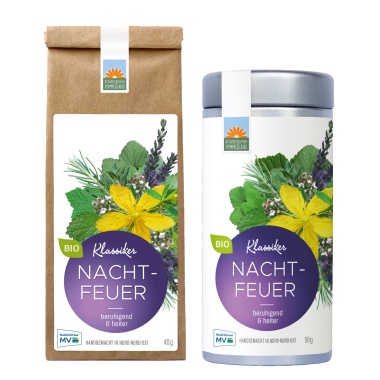 Nachtfeuer Bio-Abendtee von Kräutergarten Pommerland – erhältlich als Papiertüte und Teedose. Ruhig & heiter, handgemacht in Mecklenburg-Vorpommern.