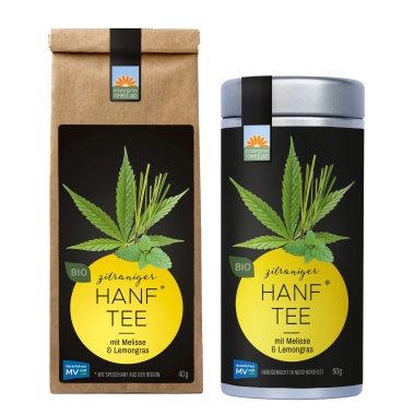 Zitroniger Hanftee vom Kräutergarten Pommerland – Bio-Hanftee mit Melisse und Lemongras, abgebildet als Papiertüte (40 g) und Teedose (50 g). Handgemacht in Mecklenburg-Vorpommern, erfrischend, harmonisch und regional.