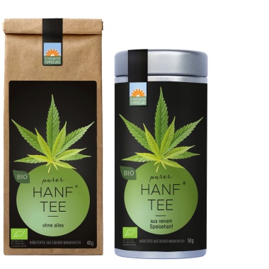 Purer Hanftee vom Kräutergarten Pommerland – Bio-Hanftee aus reinem Speisehanf, abgebildet als Papiertüte (40 g) und Teedose (50 g). Handgemacht in Mecklenburg-Vorpommern, klar, naturrein und wohltuend.