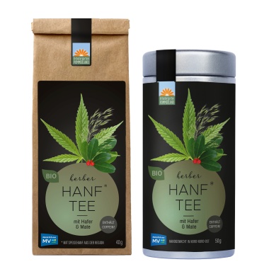 Herber Hanftee vom Kräutergarten Pommerland – Bio-Hanftee aus mit Hanf, Mate und grünem Hafer, abgebildet als Papiertüte (40 g) und Teedose (50 g). Handgemacht in Mecklenburg-Vorpommern, naturrein, klar und wohltuend.