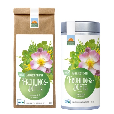 Frühlingsdüfte Bio-Kräutertee vom Kräutergarten Pommerland – abgebildet als 40 g Papiertüte und 50 g Teedose. Schwungvoll & erneuernd, mit Birkenblättern, Zitronenmelisse und Rosenblüten. Handgemacht in Mecklenburg-Vorpommern, belebender Jahreszeiten-Tee für den Frühling.