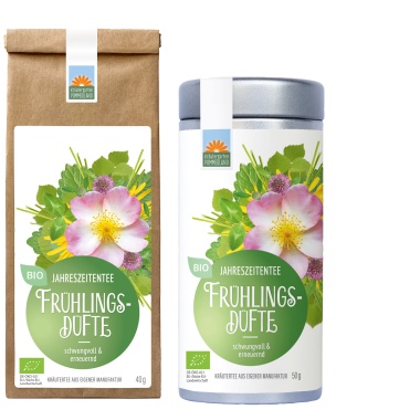 Frühlingsdüfte Bio-Kräutertee vom Kräutergarten Pommerland – abgebildet als 40 g Papiertüte und 50 g Teedose. Schwungvoll & erneuernd, mit Birkenblättern, Zitronenmelisse und Rosenblüten. Handgemacht in Mecklenburg-Vorpommern, belebender Jahreszeiten-Tee für den Frühling.