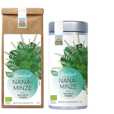 Nanaminze Bio-Kräutertee vom Kräutergarten Pommerland, erhältlich in der 40 g Papiertüte und Teedose – extra frisch & verträglich. Handgemacht in Mecklenburg-Vorpommern aus reiner Krauseminze (Mentha spicata).