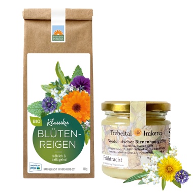 Blütenreigen Bio-Kräutertee vom Kräutergarten Pommerland – fröhlich & beflügelnd, handgemacht in Mecklenburg-Vorpommern und Frühtrachthonig von der Trebeltal Imkerei.