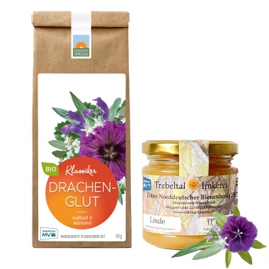 Drachenglut Bio-Kräutertee vom Kräutergarten Pommerland –  Kraftvoll & wärmend, handgemacht in Mecklenburg-Vorpommern und Lindenblütenhonig von der Trebeltal Imkerei.