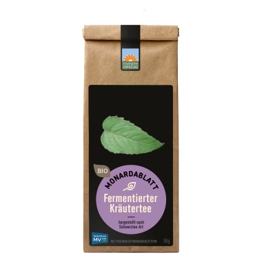 Monardablatt, fermentierter Bio-Kräutertee vom Kräutergarten Pommerland – abgebildet als 50 g Papiertüte. Intensiv & würzig, handgemacht in Mecklenburg-Vorpommern.