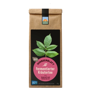 Himbeerblatt, fermentierter Bio-Kräutertee vom Kräutergarten Pommerland – abgebildet als 40 g Papiertüte. Mild & harmonisch, handgemacht in Mecklenburg-Vorpommern.