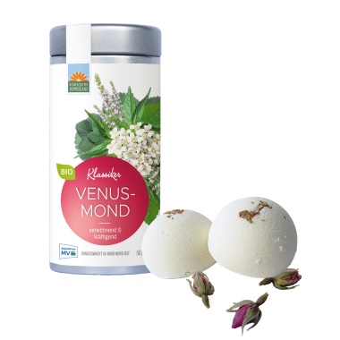 Set aus Bio-Kräutertee Venusmond von Kräutergarten Pommerland in der Teedose und duftender Rosen-Badekugel. Handgemacht in Mecklenburg-Vorpommern, verwöhnend & kräftigend.