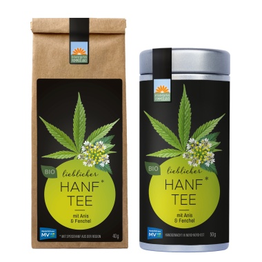 Lieblicher Hanftee vom Kräutergarten Pommerland – Bio-Hanftee mit Anis und Fenchel, abgebildet als Papiertüte (40 g) und Teedose (50 g). Handgemacht in Mecklenburg-Vorpommern, mild, ausgleichend und naturbelassen.