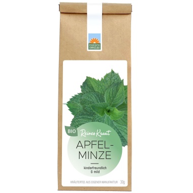 Apfelminze Bio-Kräutertee vom Kräutergarten Pommerland in der 30 g Papiertüte – freundlich & mild. Handgemacht in Mecklenburg-Vorpommern aus ganzen Blättern der Mentha rotundifolia.