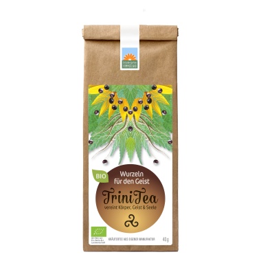 TriniTea – Wurzeln für den Geist Bio-Kräutertee vom Kräutergarten Pommerland in der 40g-Papiertüte. Handgemacht in Mecklenburg-Vorpommern, kräftig im Geschmack, klare Struktur und verwurzelte Stärke.