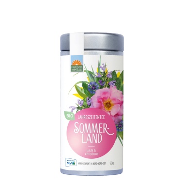 Sommerland Bio-Kräutertee vom Kräutergarten Pommerland in der 50 g Teedose – leicht & erfrischend. Handgemacht in Mecklenburg-Vorpommern, mit Zitronengras, Pfefferminze, Johannisbeerblättern und Rosenblüten – sommerlich-frischer Tee für sonnige Tage und kühle Eisteemomente.