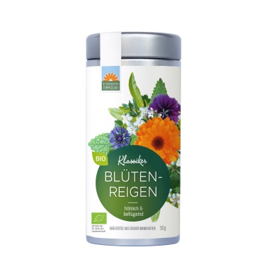 Blütenreigen Bio-Kräutertee von Kräutergarten Pommerland in der 50 g Teedose – handgemacht in Mecklenburg-Vorpommern, fröhlich & beflügelnd, mit farbenfrohem Blüten-Design.