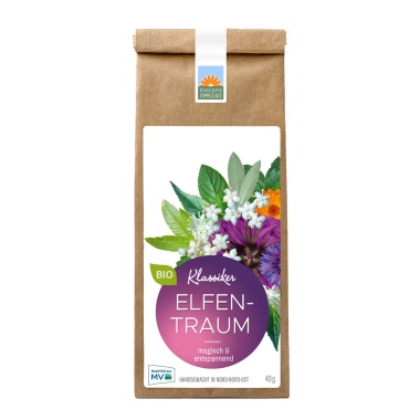Elfentraum Bio-Kräutertee vom Kräutergarten Pommerland – in der 40 g Papiertüte. Ein zauberhafter Tee aus bunten Blüten und Kräutern, magisch & entspannend für den Tag und Nachmittag.