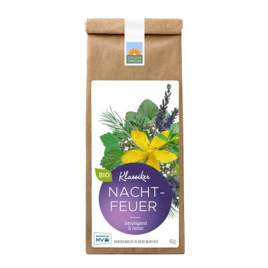 Nachtfeuer Bio-Abendtee von Kräutergarten Pommerland in der 50g Papiertüte – ruhig & heiter, wohltuend für den Abend, handgemacht in Mecklenburg-Vorpommern.