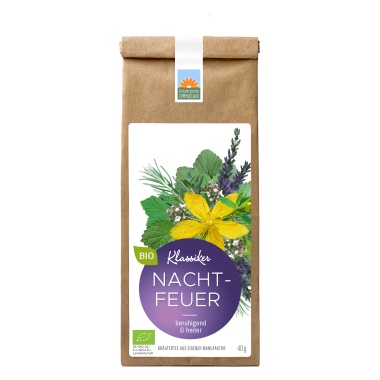 Nachtfeuer Bio-Abendtee von Kräutergarten Pommerland in der 50g Papiertüte – ruhig & heiter, wohltuend für den Abend, handgemacht in Mecklenburg-Vorpommern.
