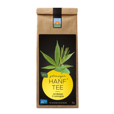 Zitroniger Hanftee vom Kräutergarten Pommerland – Bio-Hanftee mit Melisse und Lemongras, abgebildet als Papiertüte (40 g). Handgemacht in Mecklenburg-Vorpommern, erfrischend, harmonisch und regional.