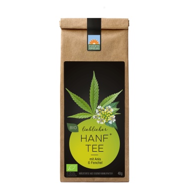 Lieblicher Hanftee vom Kräutergarten Pommerland – Bio-Hanftee mit Anis und Fenchel, abgebildet als Papiertüte (40 g). Handgemacht in Mecklenburg-Vorpommern, mild, ausgleichend und naturbelassen.
