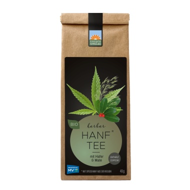 Herber Hanftee vom Kräutergarten Pommerland – Bio-Hanftee aus mit Hanf, Mate und grünem Hafer, abgebildet als Papiertüte (40 g). Handgemacht in Mecklenburg-Vorpommern, naturrein, klar und wohltuend.