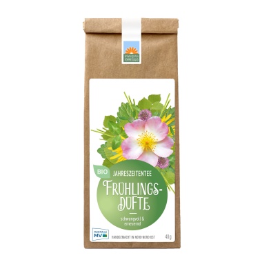 Frühlingsdüfte Bio-Kräutertee vom Kräutergarten Pommerland in der 40 g Papiertüte – schwungvoll & erneuernd. Handgemacht in Mecklenburg-Vorpommern, mit Birkenblättern, Löwenzahnwurzel, Zitronenmelisse und Rosenblüten – belebender Jahreszeiten-Tee für den Frühling.