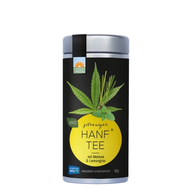 Zitroniger Hanftee vom Kräutergarten Pommerland – Bio-Hanftee mit Melisse und Lemongras, abgebildet  Teedose (50 g). Handgemacht in Mecklenburg-Vorpommern, erfrischend, harmonisch und regional.