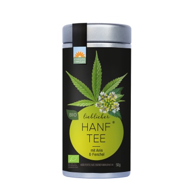 Lieblicher Hanftee vom Kräutergarten Pommerland – Bio-Hanftee mit Anis und Fenchel, abgebildet als Teedose (50 g). Handgemacht in Mecklenburg-Vorpommern, mild, ausgleichend und naturbelassen.