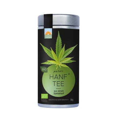 Purer Hanftee vom Kräutergarten Pommerland – Bio-Hanftee aus reinem Speisehanf, abgebildet als Teedose (50 g). Handgemacht in Mecklenburg-Vorpommern, klar, naturrein und wohltuend.