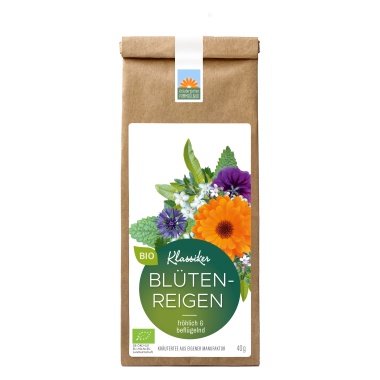 Blütenreigen Bio-Kräutertee von Kräutergarten Pommerland in der 40 g Papiertüte – fröhlich & beflügelnd, handgemacht in Mecklenburg-Vorpommern, mit blütenbunter Gestaltung.