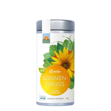 Sonnengruß Bio-Kräutertee von Kräutergarten Pommerland in der 50 g Teedose – fruchtig & erdverbunden, handgemacht in Mecklenburg-Vorpommern.