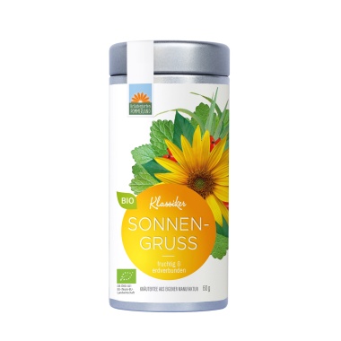 Sonnengruß Bio-Kräutertee von Kräutergarten Pommerland in der 50 g Teedose – fruchtig & erdverbunden, handgemacht in Mecklenburg-Vorpommern.