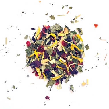Sonnengruß Bio-Kräutertee lose – fruchtige und erdverbundene Mischung aus Zitronenmelisse, Hagebutte, Lemongras, Hibiskus, Ingwer, Sonnenblumenblüte. Handgemacht in Mecklenburg-Vorpommern von Kräutergarten Pommerland.
