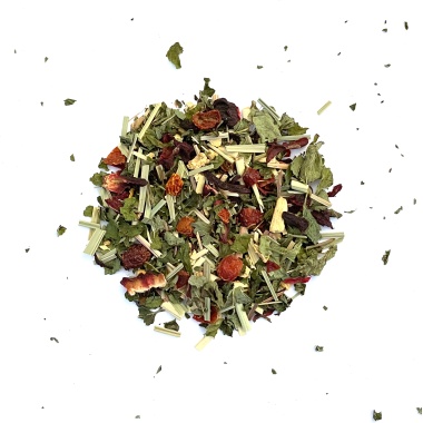 Sonnengruß Bio-Kräutertee lose – fruchtige und erdverbundene Mischung aus Zitronenmelisse, Hagebutte, Lemongras, Hibiskus, Ingwer, Sonnenblumenblüte. Handgemacht in Mecklenburg-Vorpommern von Kräutergarten Pommerland.