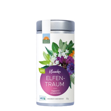 Elfentraum Bio-Kräutertee vom Kräutergarten Pommerland – in 40 g Papiertüte und 50 g Teedose. Ein zauberhafter Tee aus bunten Blüten und Kräutern, magisch & entspannend.Bio-Tages- und Nachmittagstee