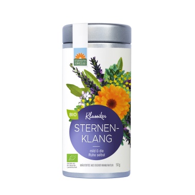 Sternenklang Bio-Abendtee von Kräutergarten Pommerland – erhältlich als 50g Teedose mit blumigem Etikett. Mild & beruhigend, handgemacht in Mecklenburg-Vorpommern, für kleine und große Träumer.