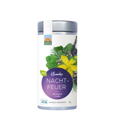 Nachtfeuer Bio-Abendtee von Kräutergarten Pommerland in der 40g Teedose – aromatisch & entspannend, handgemacht in Mecklenburg-Vorpommern.