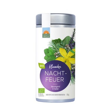 Nachtfeuer Bio-Abendtee von Kräutergarten Pommerland in der 40g Teedose – aromatisch & entspannend, handgemacht in Mecklenburg-Vorpommern.