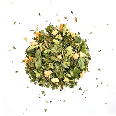 TriniTea Blätter für die Seele Bio-Kräutertee lose – wahre Verständigung mit Orangenschale, Hanfblätter, Zitronenmelisse, Spitzwegerich, Zitronenverbene, Basilikum, Brennnesselblätter. Handgemacht in Mecklenburg-Vorpommern von Kräutergarten Pommerland.