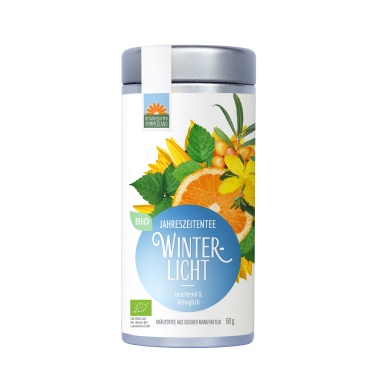 Winterlicht Bio-Kräutertee vom Kräutergarten Pommerland in der 60 g Teedose – leuchtend & temperamentvoll. Handgemacht in Mecklenburg-Vorpommern, mit Sanddorn, Johanniskraut, Orangenschale und Rosmarin – wohlig-wärmender Kräutertee für die Winterzeit.