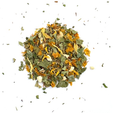 Winterlicht – Bio-Kräutertee lose – ein wärmender, belebender Tee mit Ysop, Brombeerblätter, Johanniskraut, Sanddorn, Orangenschale, Anis, Rosmarin, Sonnenblumenblüte. Handgemacht in Mecklenburg-Vorpommern von Kräutergarten Pommerland.