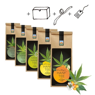 Geschenkset mit Bio-Tees vom Kräutergarten Pommerland – liebevoll verpackt im Geschenkkarton mit Schleife und Anhänger. Enthält fünf Teetüten mit individuell wählbaren Bio-Tees, handgemacht in Mecklenburg-Vorpommern.