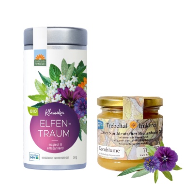 Elfentraum Bio-Kräutertee vom Kräutergarten Pommerland –  magisch und aromatisch, handgemacht in Mecklenburg-Vorpommern und Kornblumenhonig von der Trebeltal Imkerei.