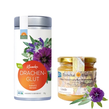 Drachenglut Bio-Kräutertee vom Kräutergarten Pommerland –  Kraftvoll & wärmend, handgemacht in Mecklenburg-Vorpommern und Lindenblütenhonig von der Trebeltal Imkerei.