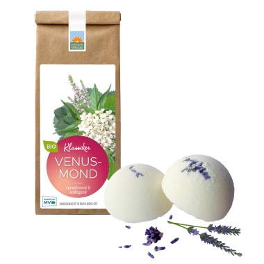 Set aus Bio-Kräutertee Venusmond von Kräutergarten Pommerland in der Papiertüte und duftender Lavendel-Badekugel. Handgemacht in Mecklenburg-Vorpommern, entspannend & kräftigend.
